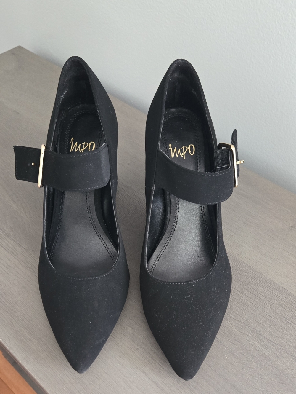 Impo Black Pointed Mary Jane Pumps with Gold Buckle